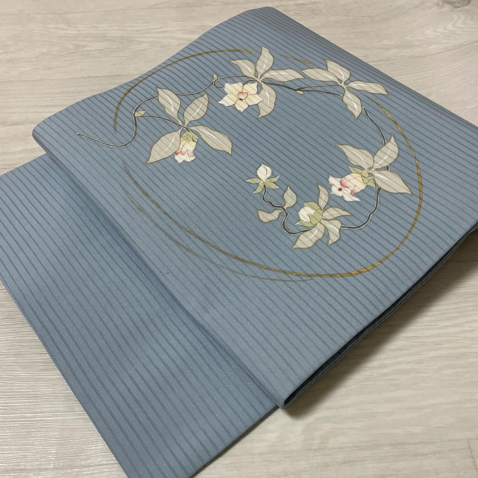 名古屋帯 絽塩瀬 上品な花模様 九寸 正絹 着物 X-3307