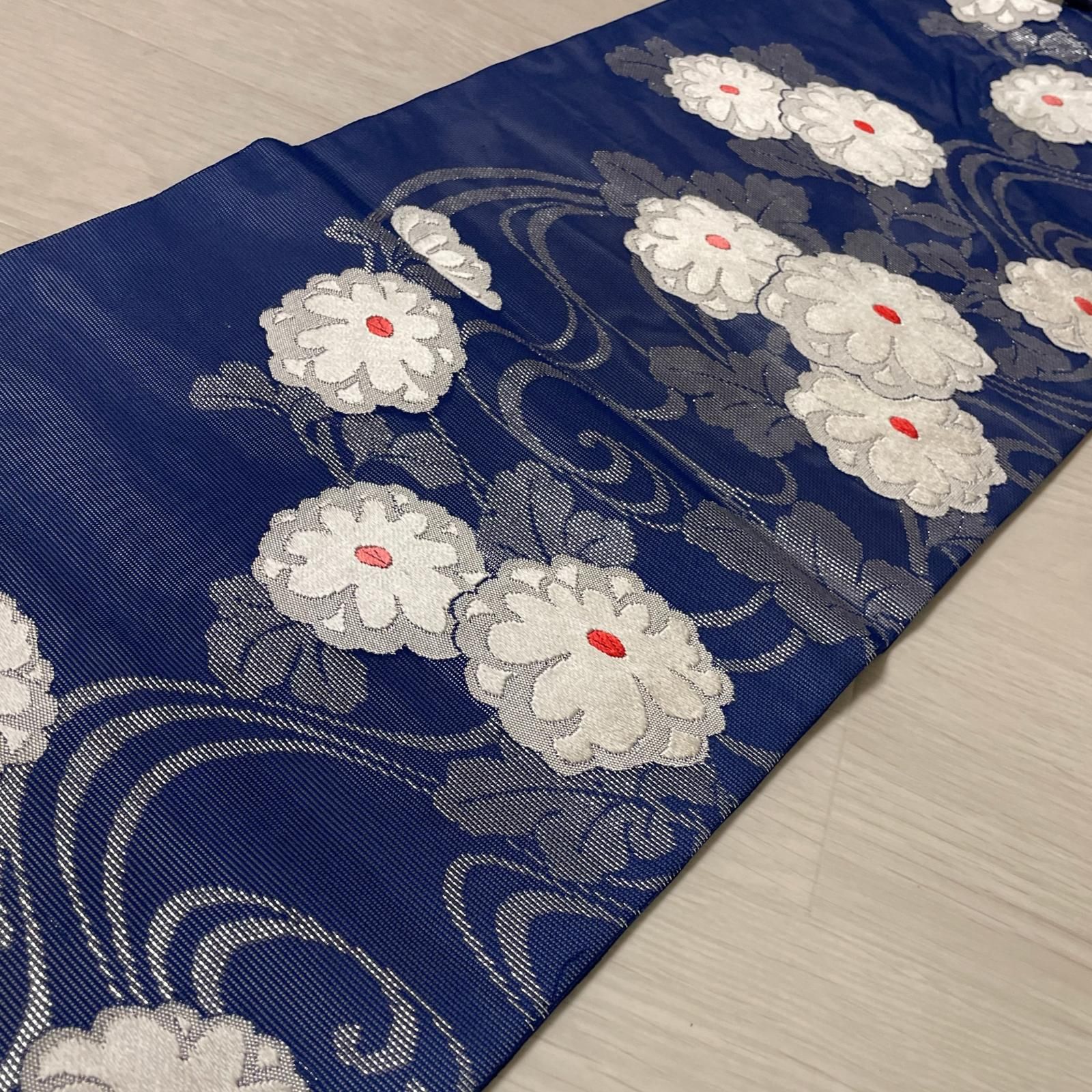名古屋帯 紗織 流水模様に菊 九寸 正絹 着物 X-3310