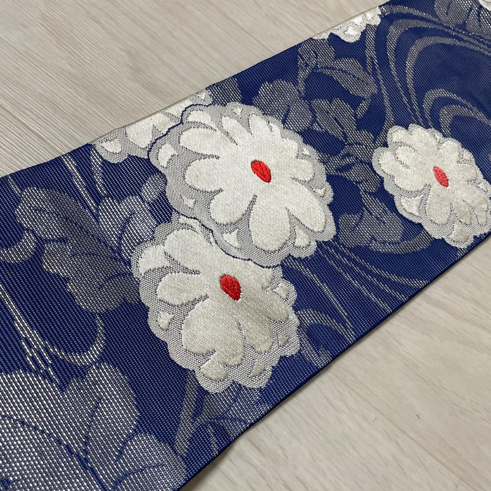 名古屋帯 紗織 流水模様に菊 九寸 正絹 着物 X-3310