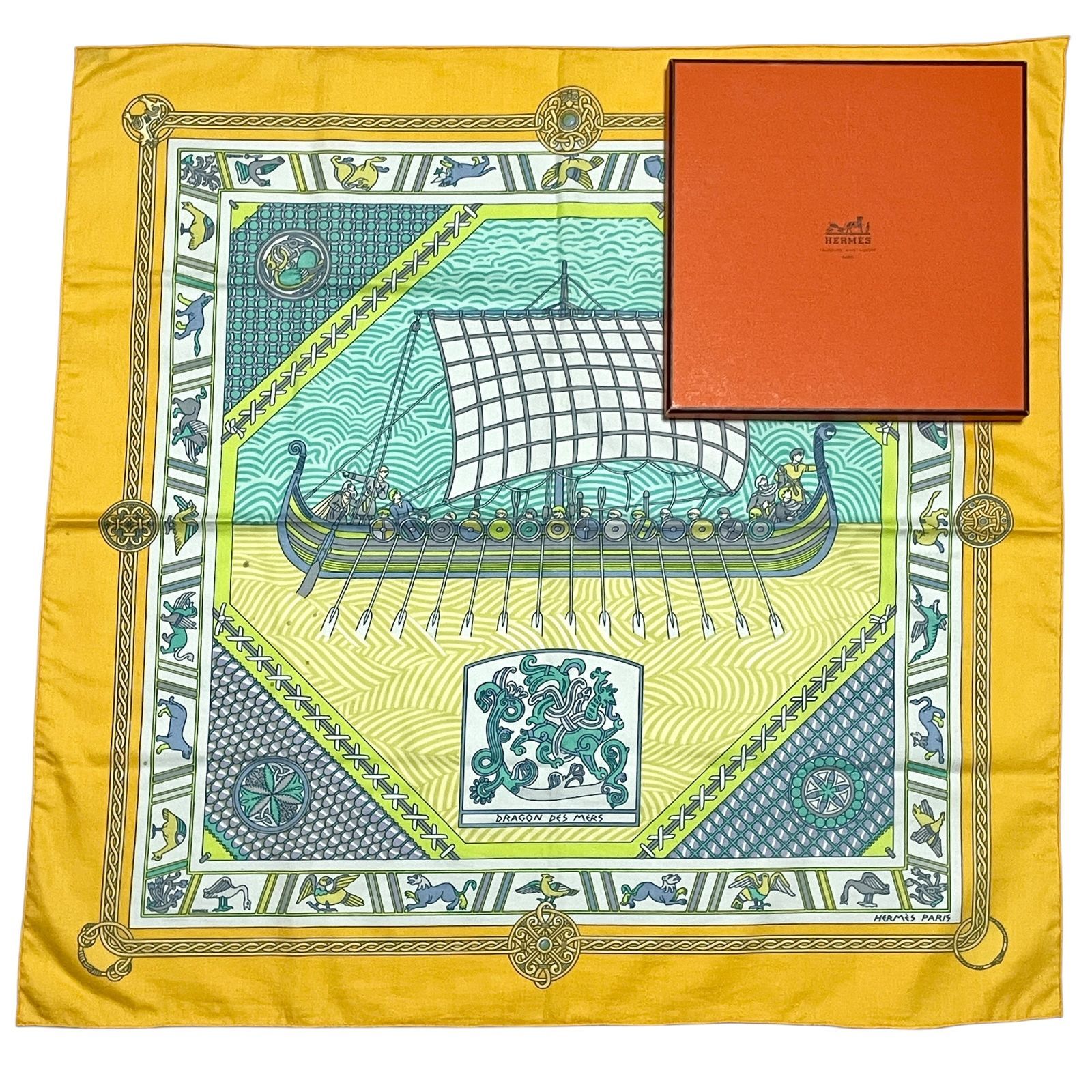 HERMES エルメス カレ70 Dragon des Mers 海のドラゴン コットンスカーフ フランス製 箱付き
