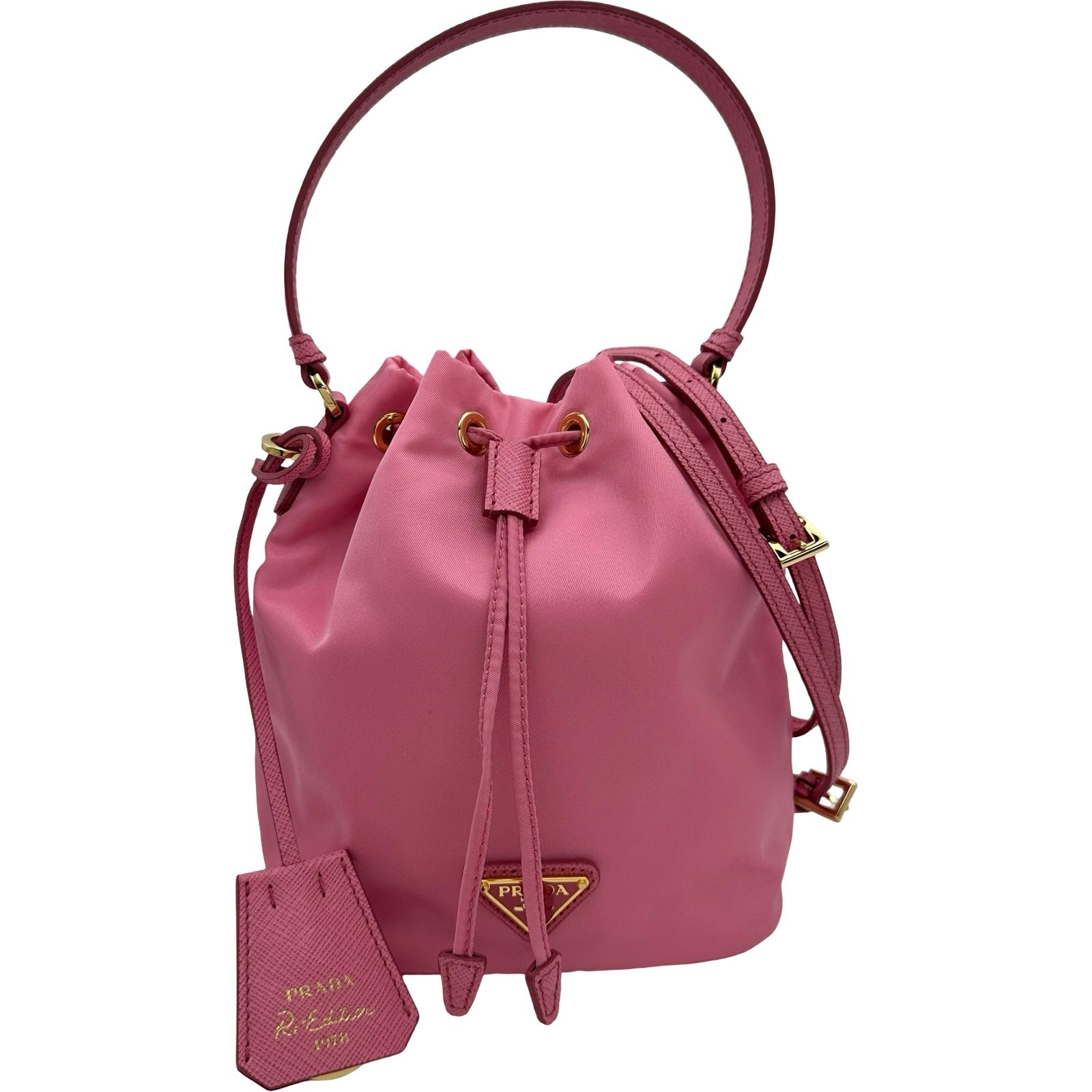 プラダ PRADA トライアングルロゴバケットバッグ 1BE067 ピンク レザー/ナイロン レディース ショルダーバッグ