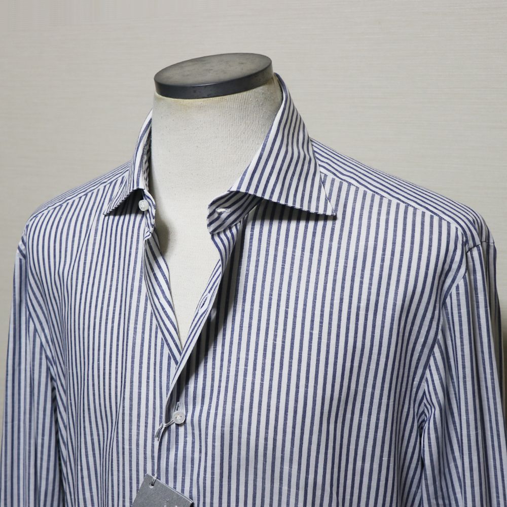 バルバ シャツ メンズ 42 XL XXL 新品 BARBA ストライプ リネン混 最高級ドレスシャツ イタリア製 未使用 タグ付き 高級 ホリゾンタル ワイドカラー シャツ 白 紺 16 1/2 綿 麻 カッタウェイ ハンドメイド 手縫い