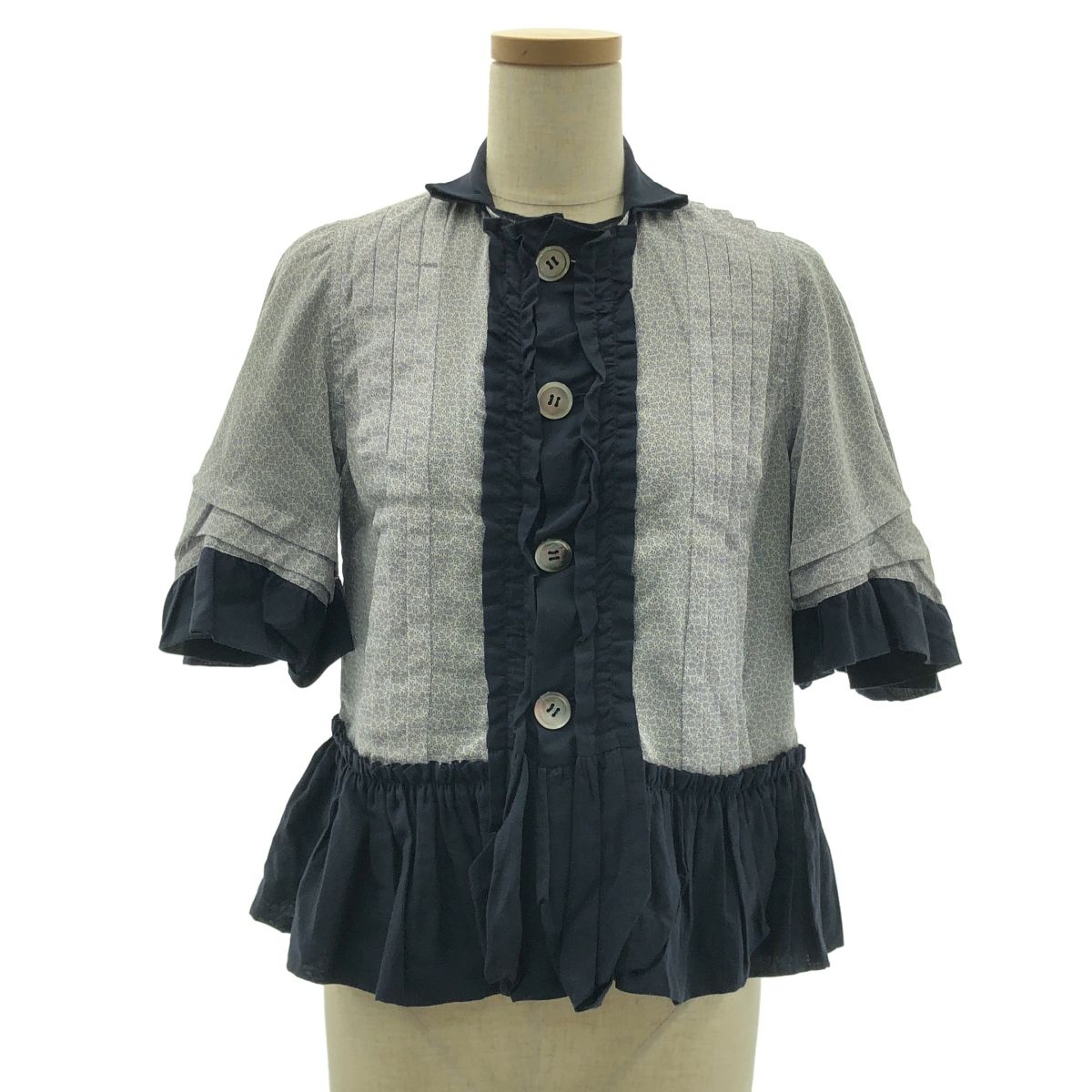 tricot COMME des GARCONS / トリココムデギャルソン | 2008AW | コットン 総柄 ピンタック フリル シャツ ブラウス | M | ネイビー | レディース