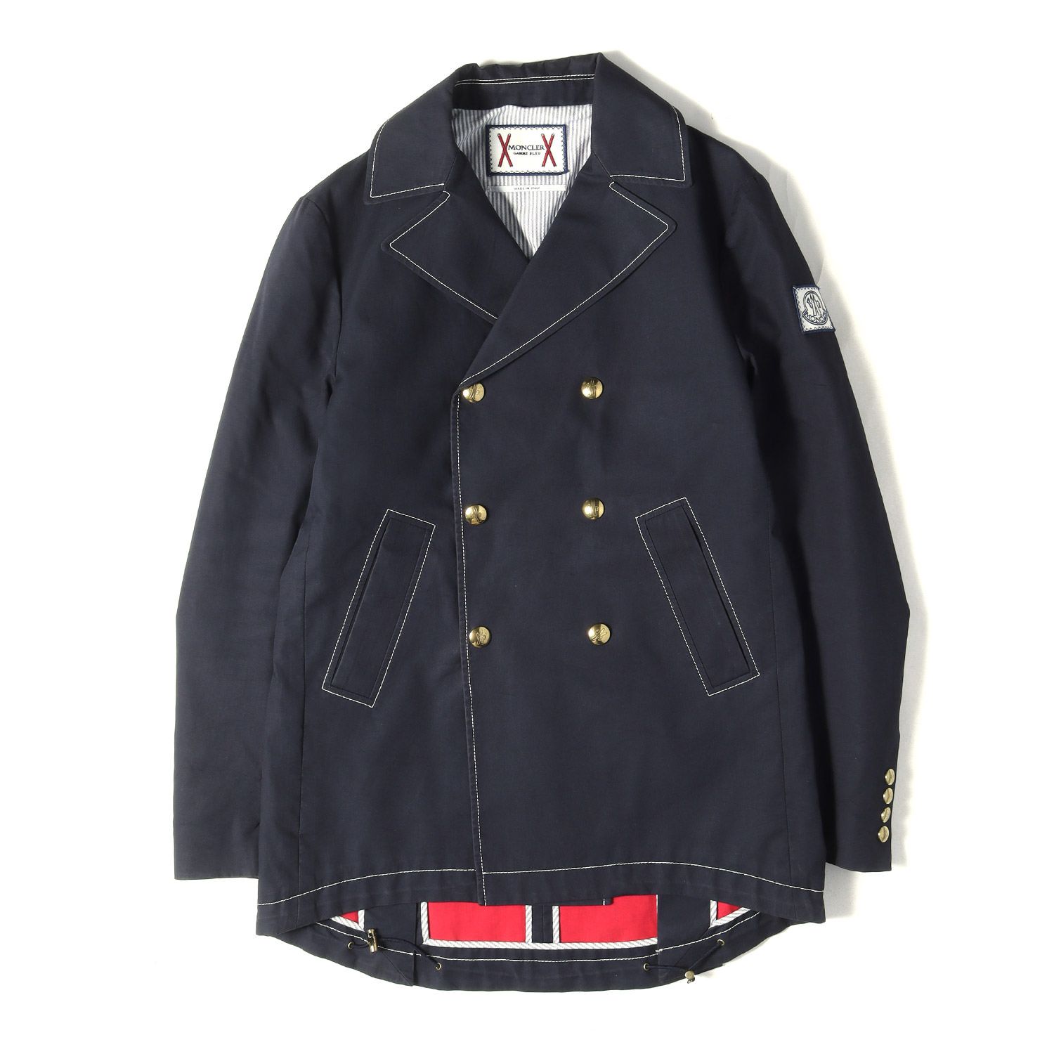 MONCLER モンクレール コート ネイビー 紺 サイズ:2 | ロゴパッチ付き 金ボタン コットン Pコート (GIACCONE) | アウター ジャケット 上着【メンズ】【中古】