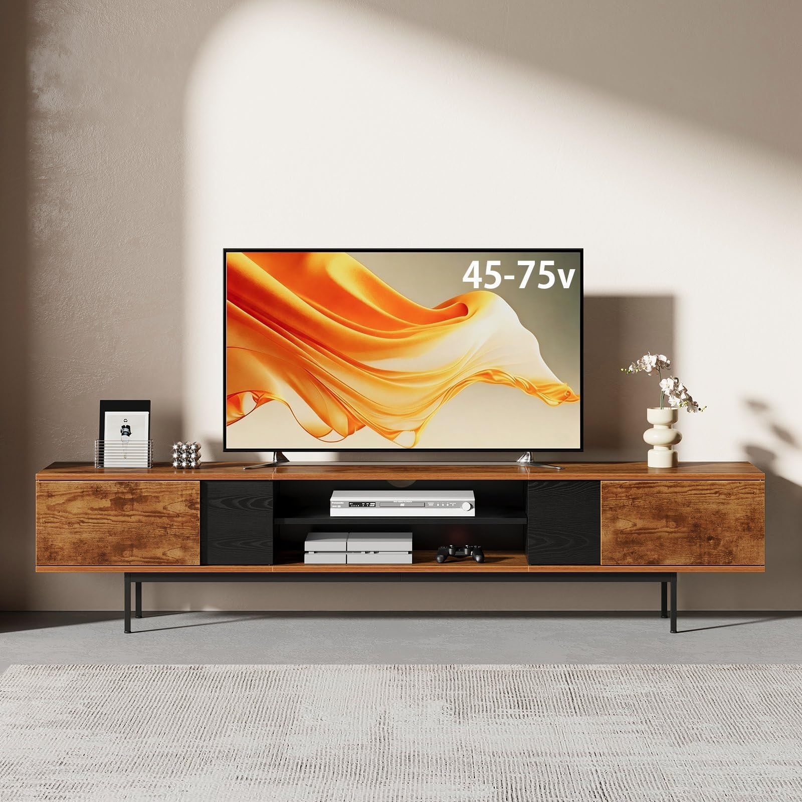 テレビボード 65型対応 オープンシェルフ 扉付き収納 ローボード テレビ台 テレビ台 おしゃれ 幅180×奥行35×高さ39cm YeTom ビンテージ ブラック