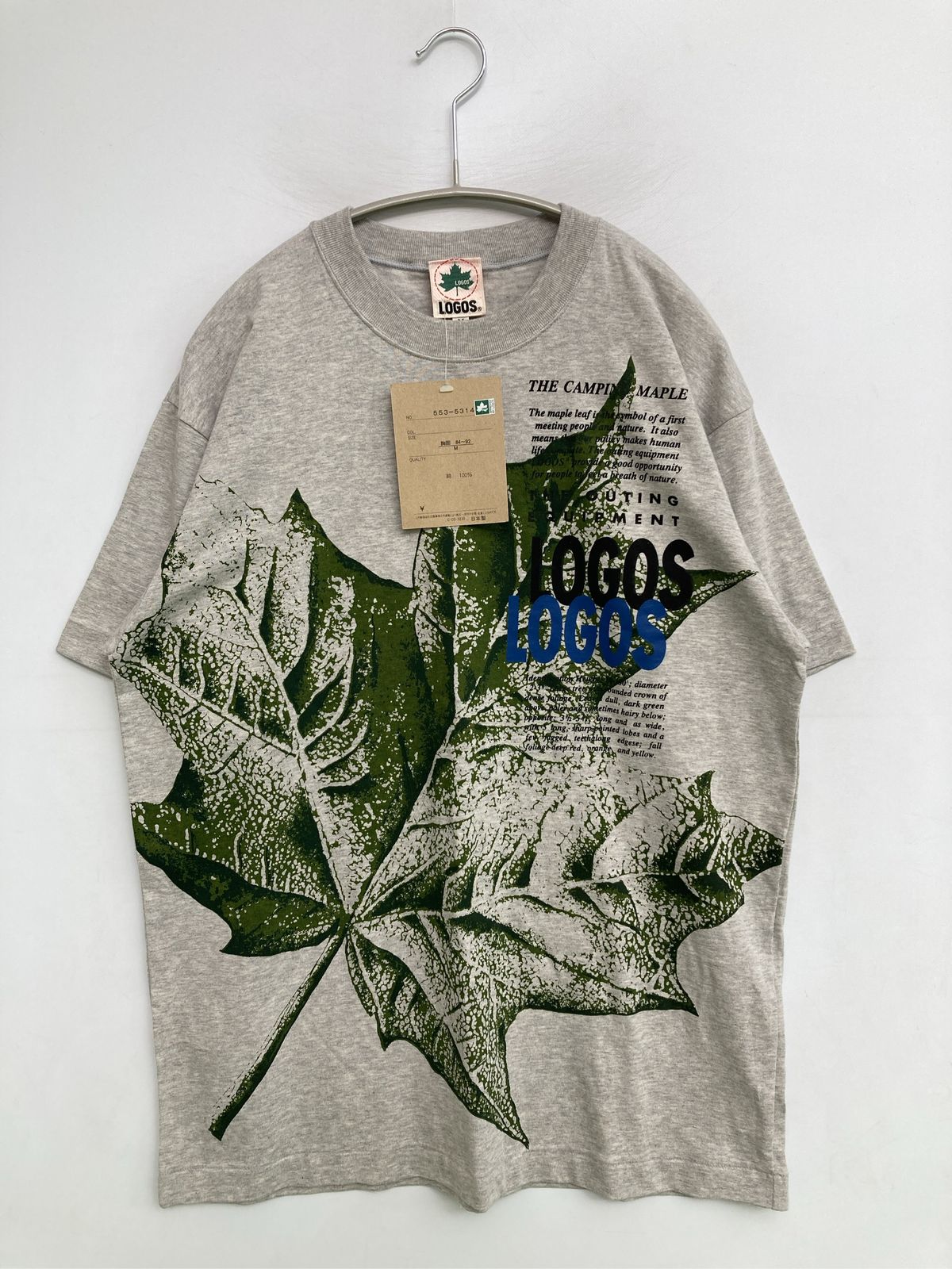 LOGOS ロゴス Tシャツ/カットソー M グレー 前面プリント バックプリント ブランドロゴ ミドル丈 半袖 クルーネック(丸首) メンズ レディース