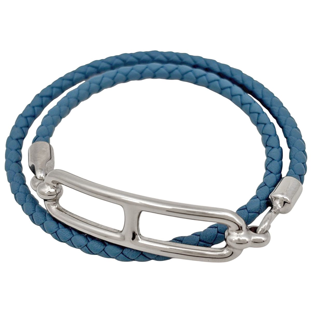 エルメス HERMES ドゥブルトゥール ブレスレット 腕輪 レザー シルバー ブルー レディース 【中古】