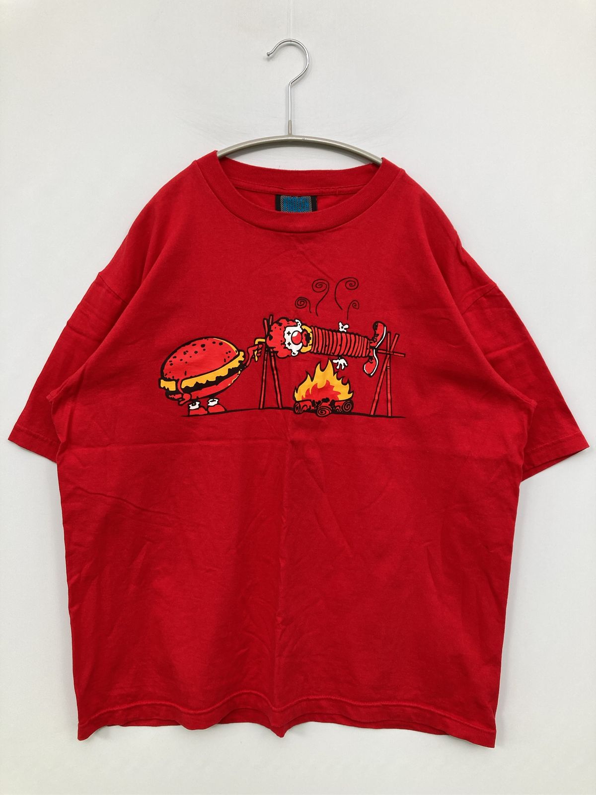 FROZEN MUNKY Tシャツ/カットソー L レッド 前面プリント バックプリント ミドル丈 半袖 クルーネック(丸首) メンズ レディース
