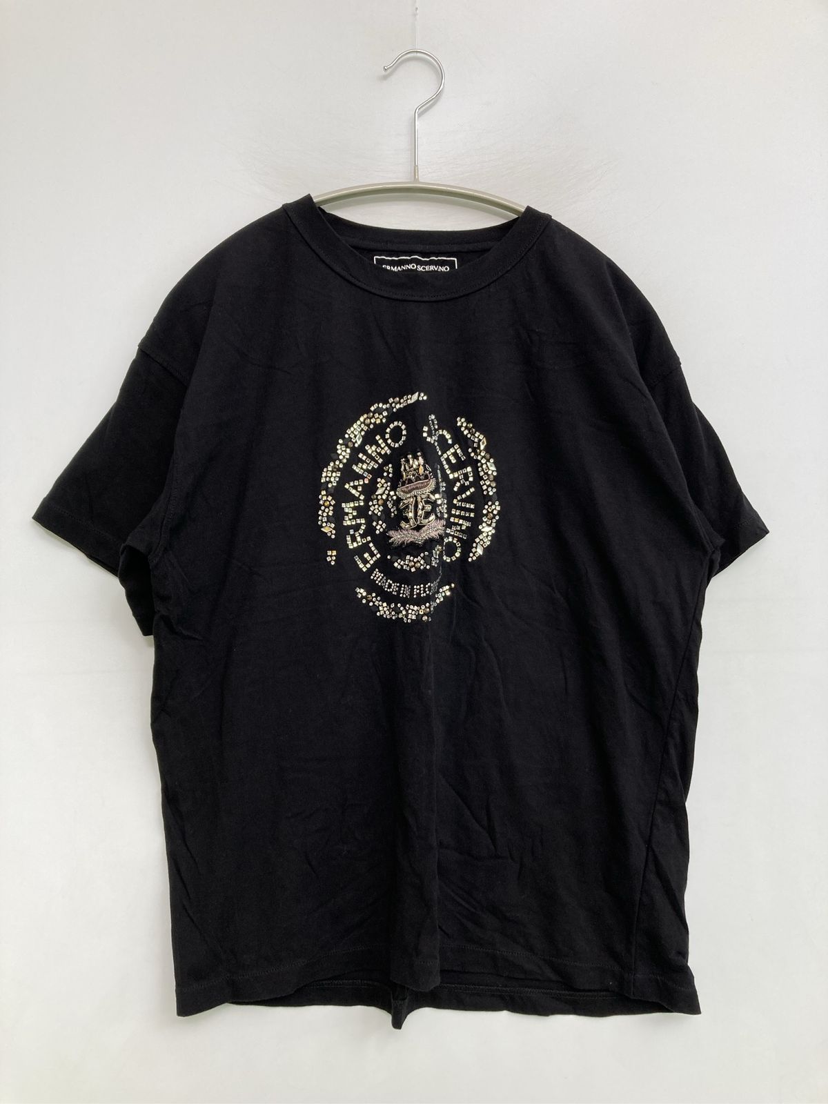 Ermanno Scervino Tシャツ/カットソー S ブラック 前面プリント ビジュー 刺繍 ミドル丈 クルーネック(丸首) 半袖 レディース
