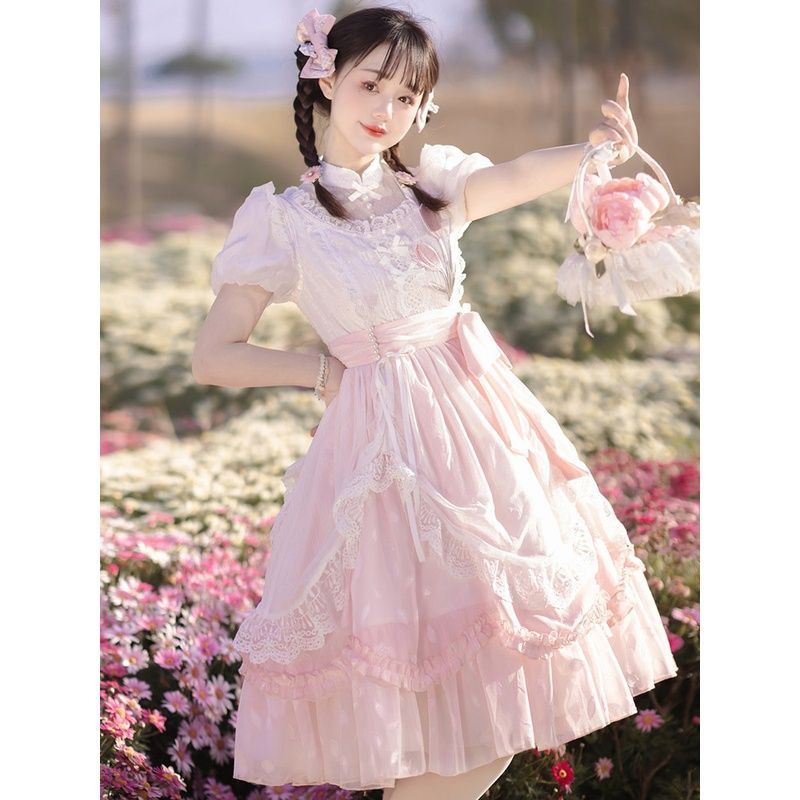 ロリータ OP ピンク 多層フリル チャイナカラー ミルクティー 姫系 甘ロリ 量産型 チュール フラワー ワンピース