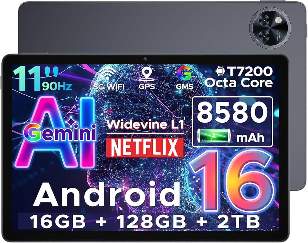 最新 Android16 タブレット 11インチ Gemini AI 大画面 アンドロイド16 タブレット 8コアCPU、 16GB RAM+128GB ROM+2TB拡張可、90Hzの高リフレッシュレート/8580mAhバッテリー/Widevine L1