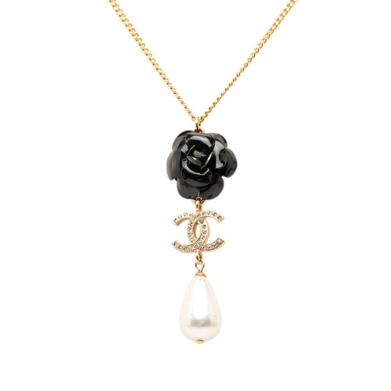 シャネル ココマーク カメリア ネックレス A20A ゴールド ブラック メッキ フェイクパール ラインストーン レディース CHANEL【1-0270652】