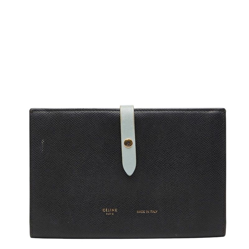 セリーヌ ラージ ストラップ ウォレット 二つ折り 長財布 ブラック ブルー系 レザー レディース CELINE【1-0271178】