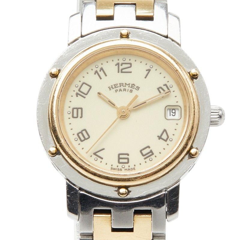エルメス クリッパー コンビ アイボリー 腕時計 CL4.220 ベージュ ゴールド シルバー ステンレススチール メッキ レディース HERMES【1-0273259】