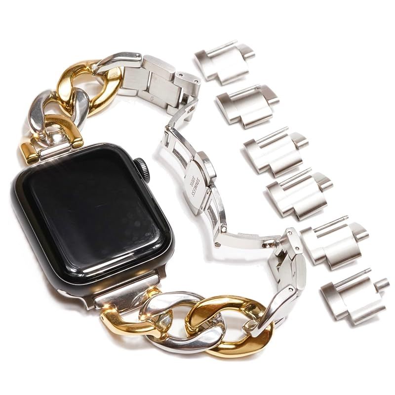 Royce&Roland Apple watch チェーンバンド バタフライバックル おしゃれ アップルウォッチ 時計 バンド (ステンレス/シルバー) レディース メンズ ギフト プレゼント (44mm 45mm 46mm 49mm, シルバー/ゴールド)