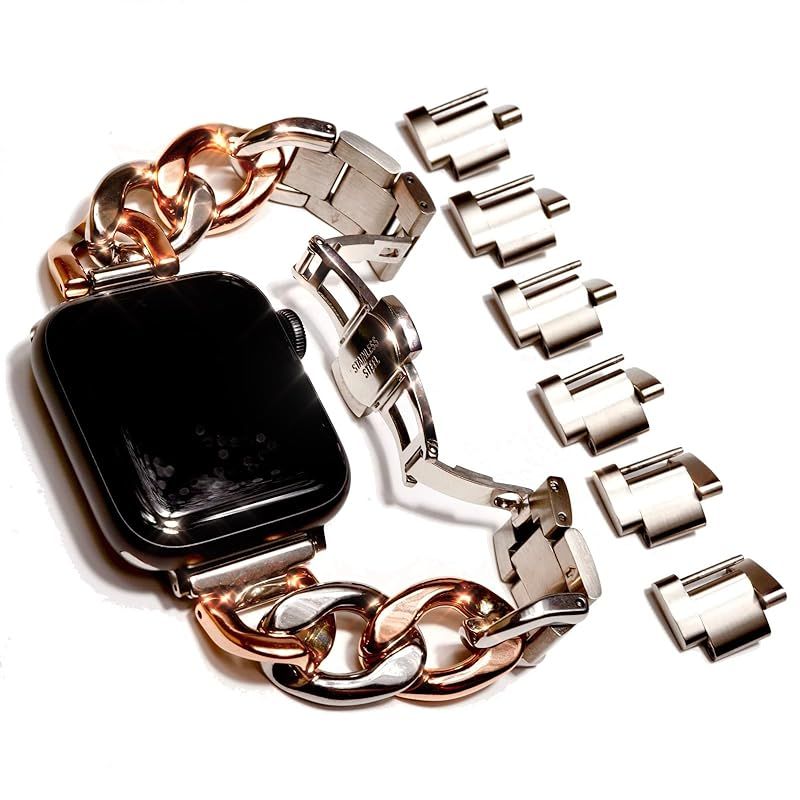 Royce&Roland Apple watch チェーンバンド バタフライバックル おしゃれ アップルウォッチ 時計 バンド (ステンレス/シルバー) レディース メンズ ギフト プレゼント (40mm 41mm 42mm, シルバー/ピンクゴールド)