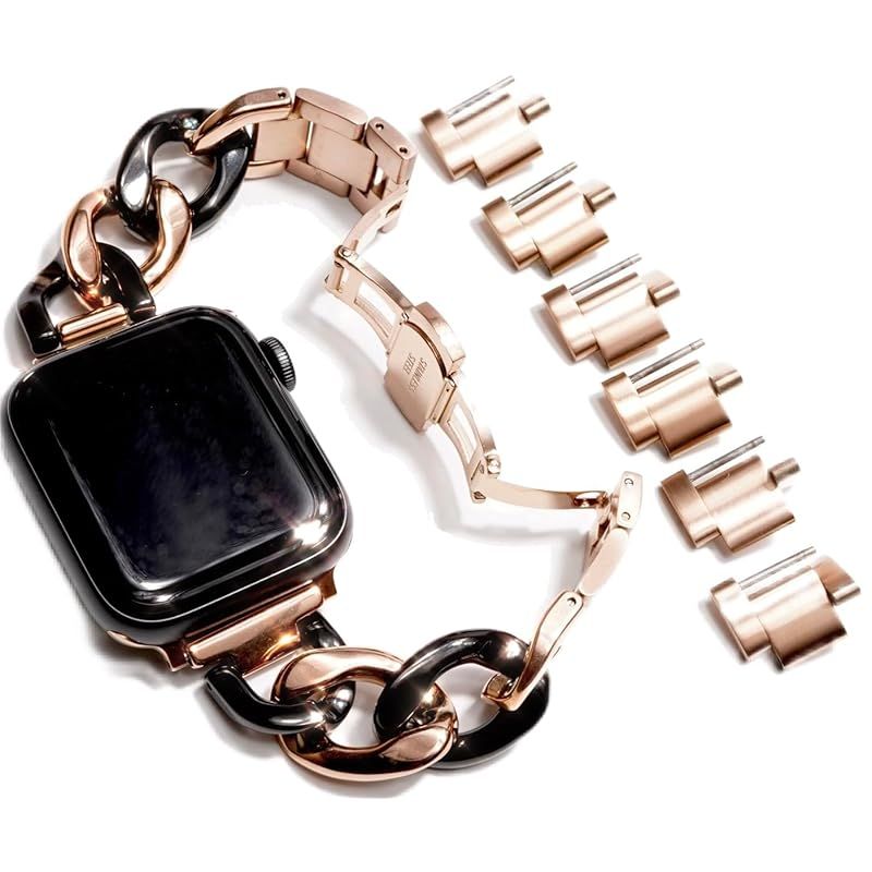 Royce&Roland Apple watch チェーンバンド バタフライバックル おしゃれ アップルウォッチ 時計 バンド (ステンレス/シルバー) レディース メンズ ギフト プレゼント (40mm 41mm 42mm, ピンクゴールド/ブラック)