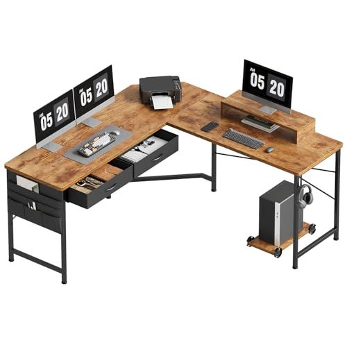 YeTom l字デスク机 pcデスク 作業机 125cm x 125cm ゲーミングデスク 収納袋付き勉強机引き出し付きデスクL字型 PC 勉強机 作業 在宅勤務 ビンテージJu