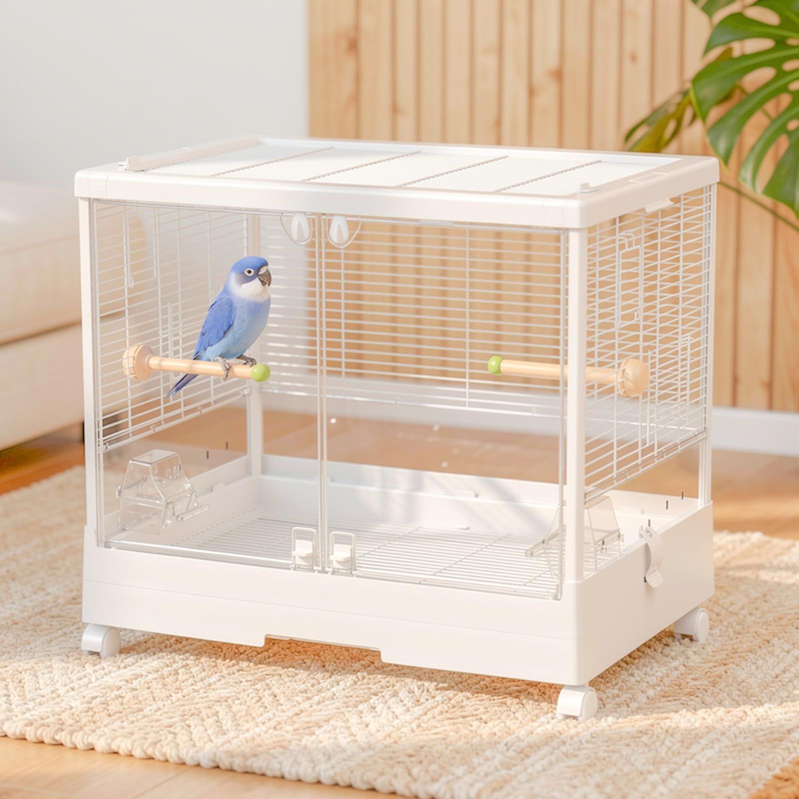 大型 バードケージ 【21cm高い囲い 餌飛び散り防止】 鳥かご 透明大前門 65cm幅 頑丈なアルミ合金柱 オカメインコ インコ ケージ Ruexue 多頭飼い 掃除しやすい 止まり木/餌入れ付 ストッパー付キャスター 移動便利 (ホワイト)