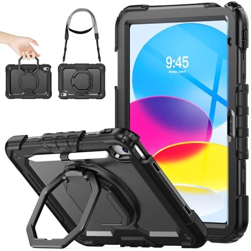 SEYMAC stock iPadケース A16 第11世代/第10世代専用 リングハンドル耐衝撃ケース 11/10.9インチ専用 ペン収納 ショルダーストラップ フィルム付きフレーム（ブラック）″mn 5b3987ed