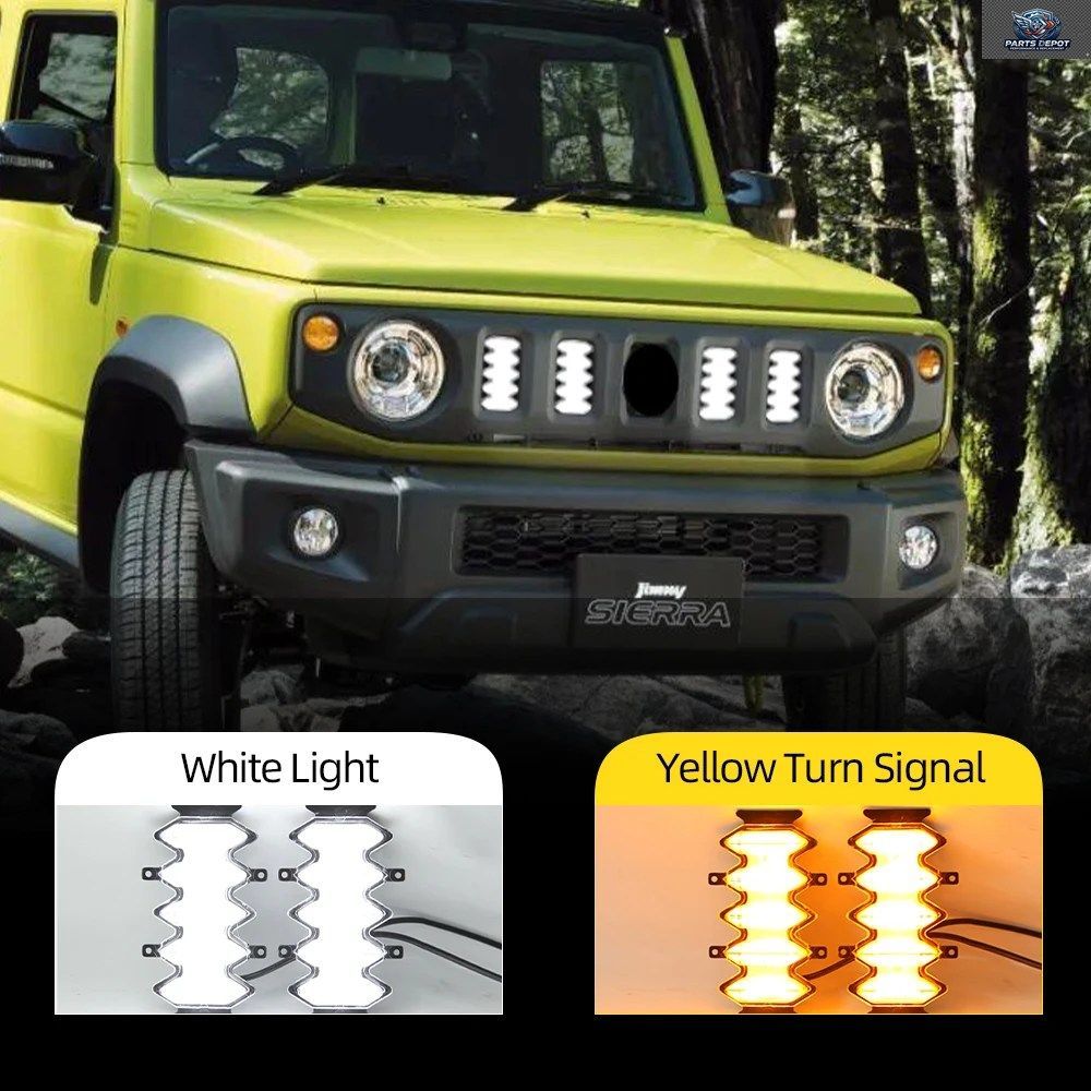 車用点滅式LEDフロントグリルランプ4個セット デイタイムランニングライト ジムニー 2019-21 DRL イエローターンシグナル