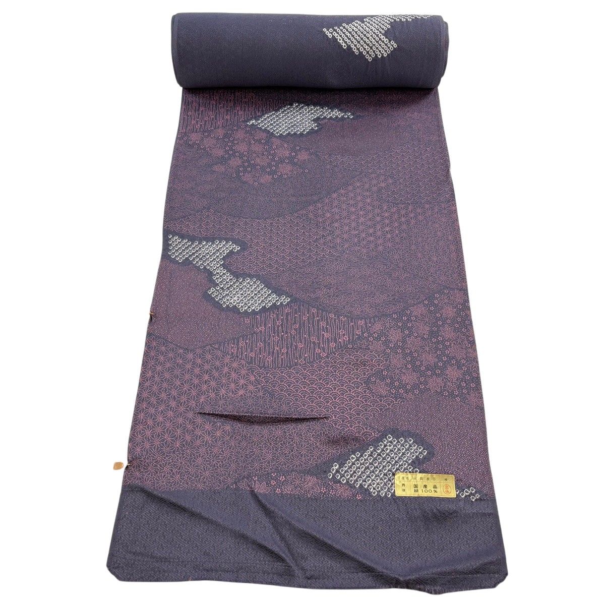 反物 秀品 小紋 青海波 葉柄 絞り 灰紫 正絹 【中古】