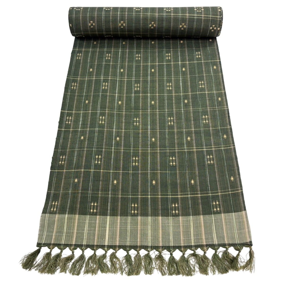反物 秀品 紬 縞 幾何学模様 茶緑色 正絹 【中古】