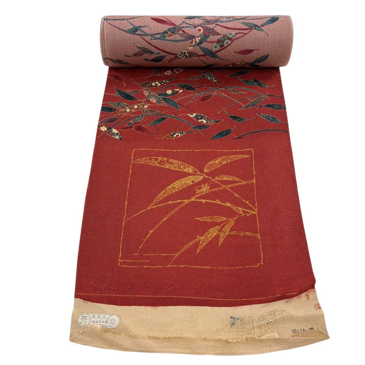 反物 秀品 小紋 葉柄 草花 縮緬 えんじ色 正絹 【中古】