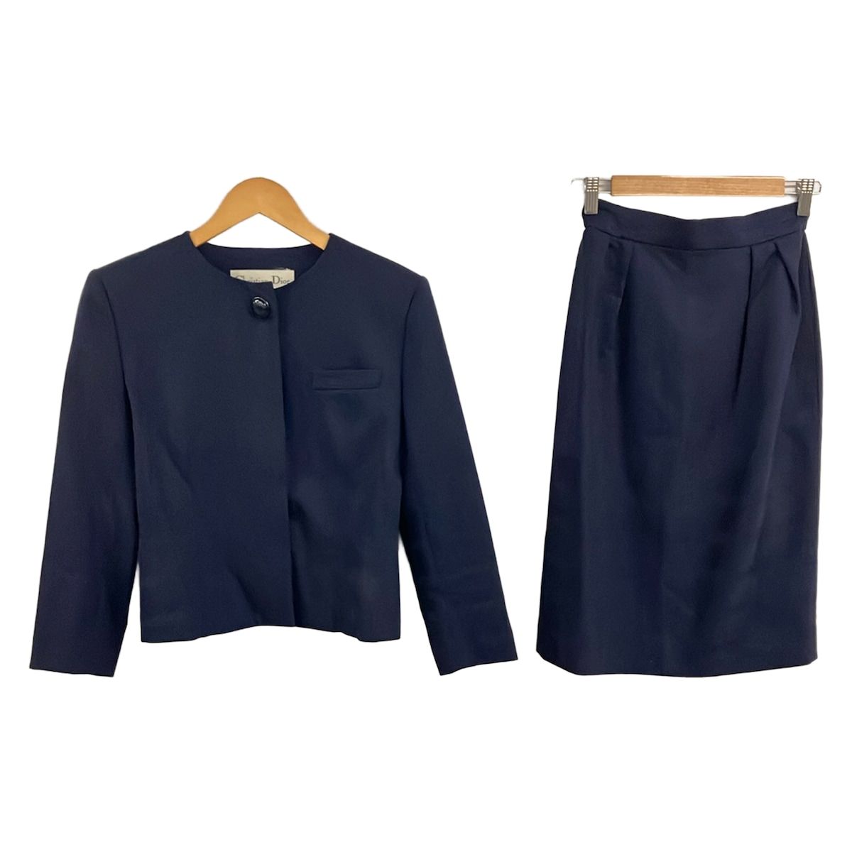 DIOR/ChristianDior(ディオール/クリスチャンディオール) スカートスーツ サイズ7 S レディース ネイビー ノーカラー/ボーダー/肩パッド