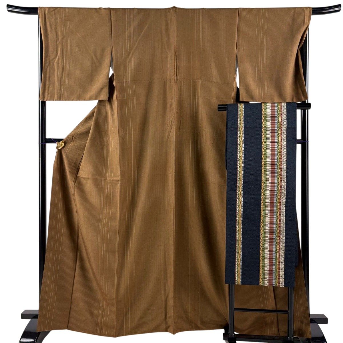 紬 身丈165.5cm 裄丈68cm L 袷 名古屋帯セット 縦縞 茶色 正絹 秀品 【中古】
