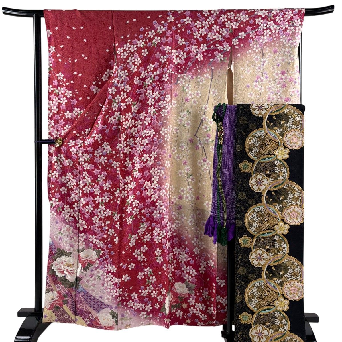 【美品】 振袖 身丈163.5cm 裄丈65cm M 袷 袋帯フルセット 枝垂れ桜 牡丹 金通し 箔 茜色 正絹 名品 【中古】