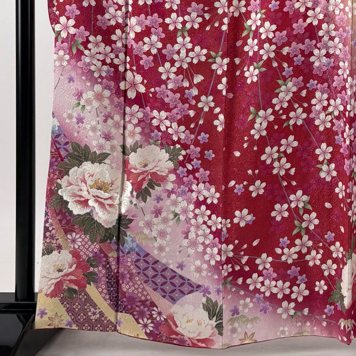 美品】 振袖 身丈163.5cm 裄丈65cm M 袷 袋帯フルセット 枝垂れ桜 牡丹 