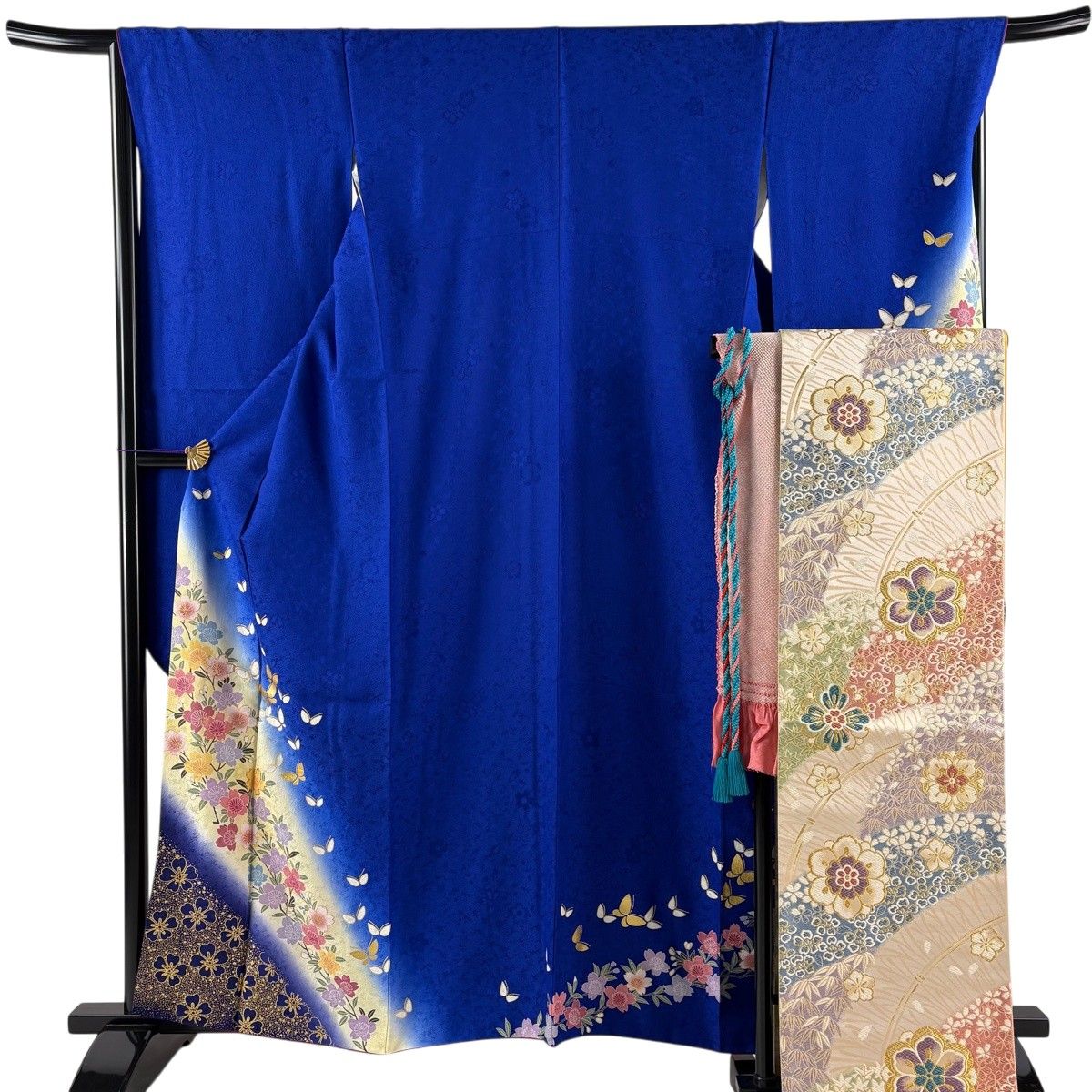 美品】 振袖 身丈160cm 裄丈67.5cm L 袷 袋帯フルセット 蝶 桜 金糸