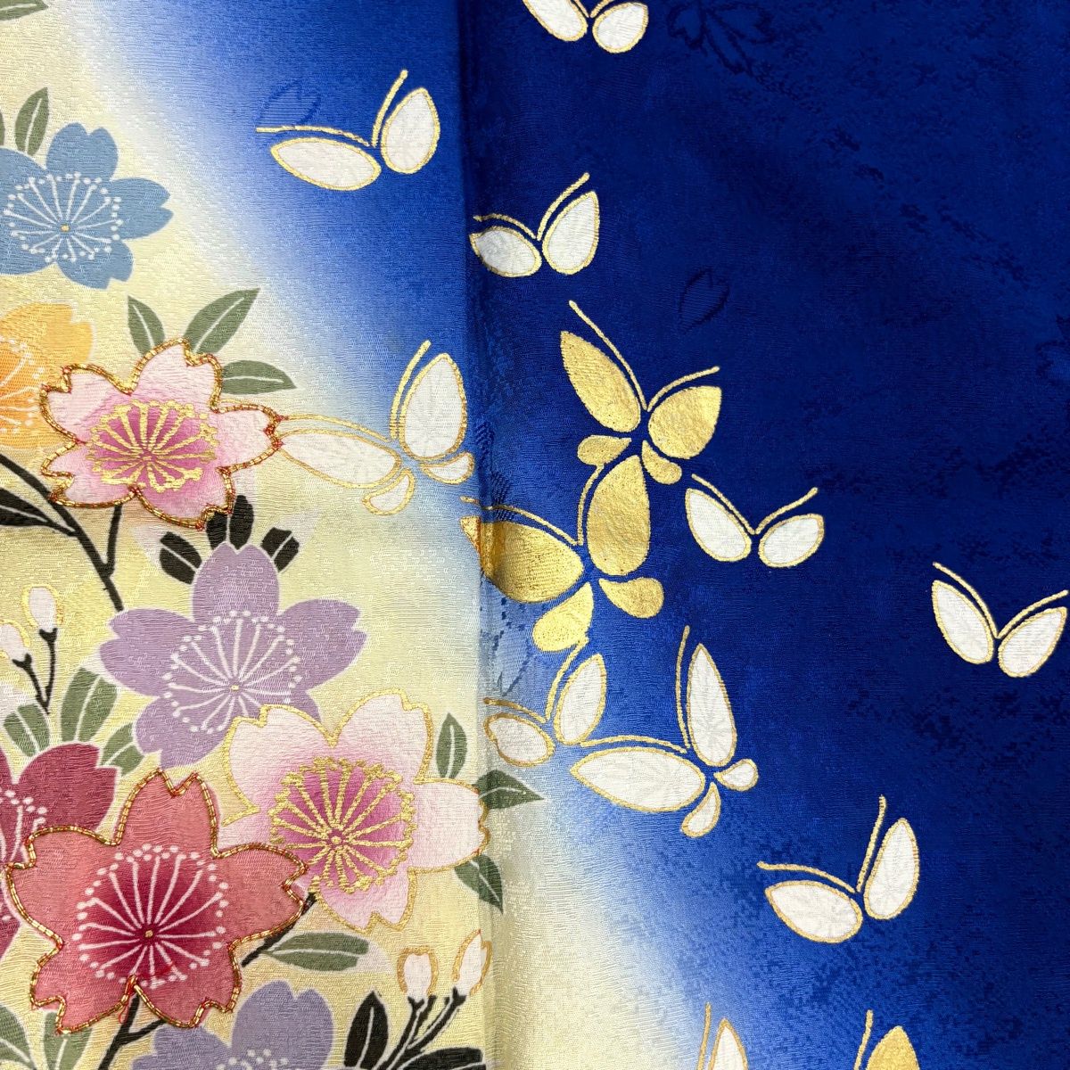 美品】 振袖 身丈160cm 裄丈67.5cm L 袷 袋帯フルセット 蝶 桜 金糸