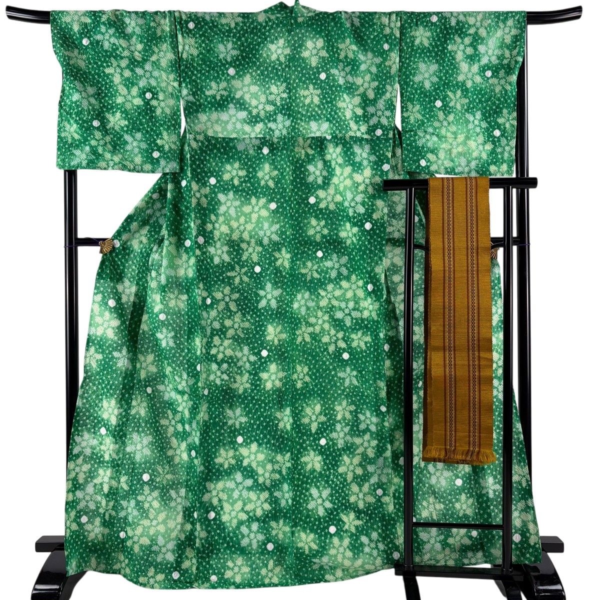 【美品】浴衣 身丈167.5cm 裄丈70cm L 絞り浴衣 半幅帯セット 花 緑 綿 秀品 【中古】