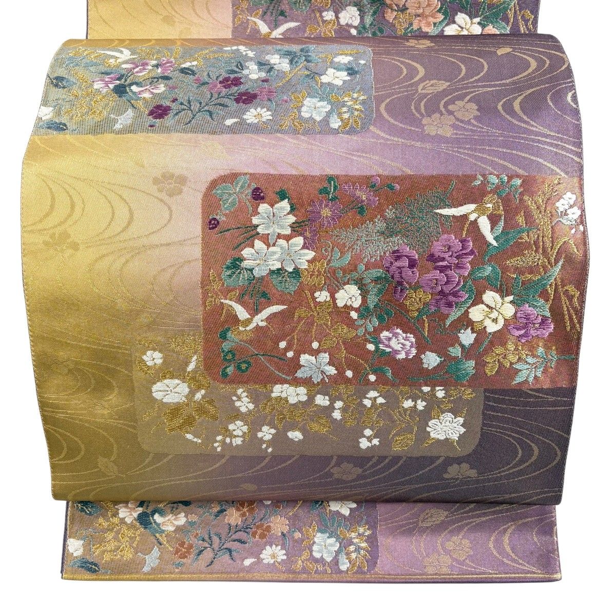 【美品】 袋帯 逸品 じゅらく 落款 帝王紫 花鳥 流水 金糸 箔 灰紫 お太鼓柄 正絹 【中古】