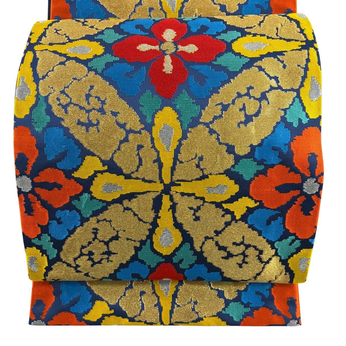 袋帯 逸品 龍村晋 落款 七宝 花菱 金銀糸 箔 紺色 全通 正絹 【中古】
