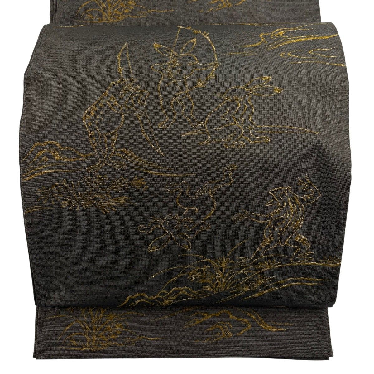 袋帯 逸品 証紙 勝山織物 高山寺 鳥獣戯画 焦茶色 お太鼓柄 正絹 【中古】