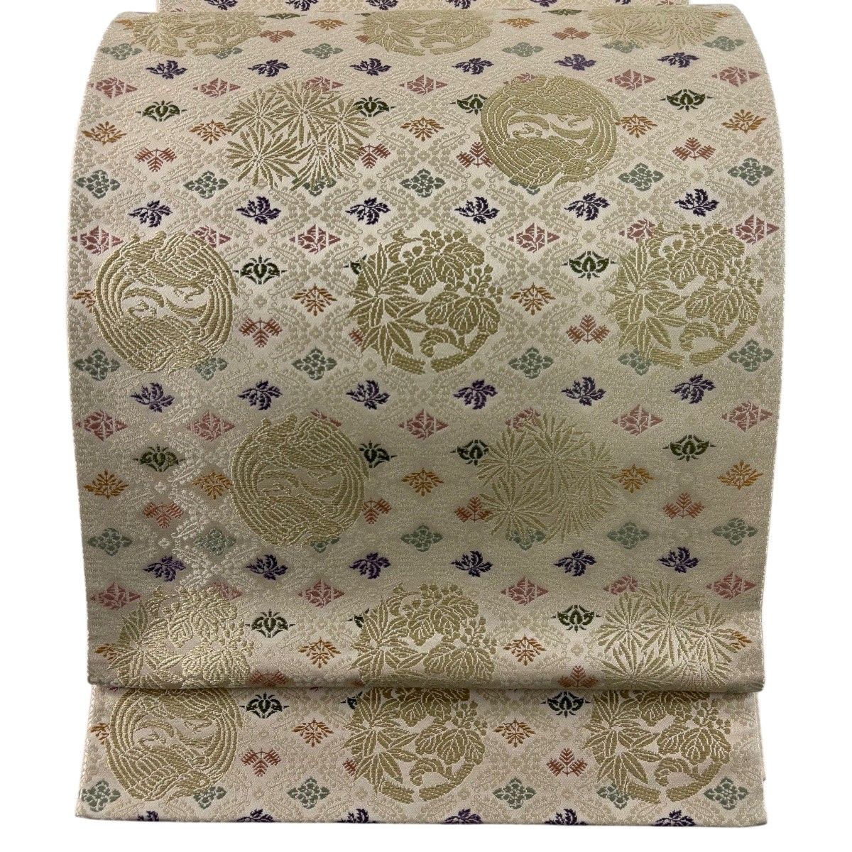 【美品】 袋帯 逸品 箔屋清兵衛 落款 西陣織 桐竹 花鳥 金糸 クリーム 六通 正絹 【中古】