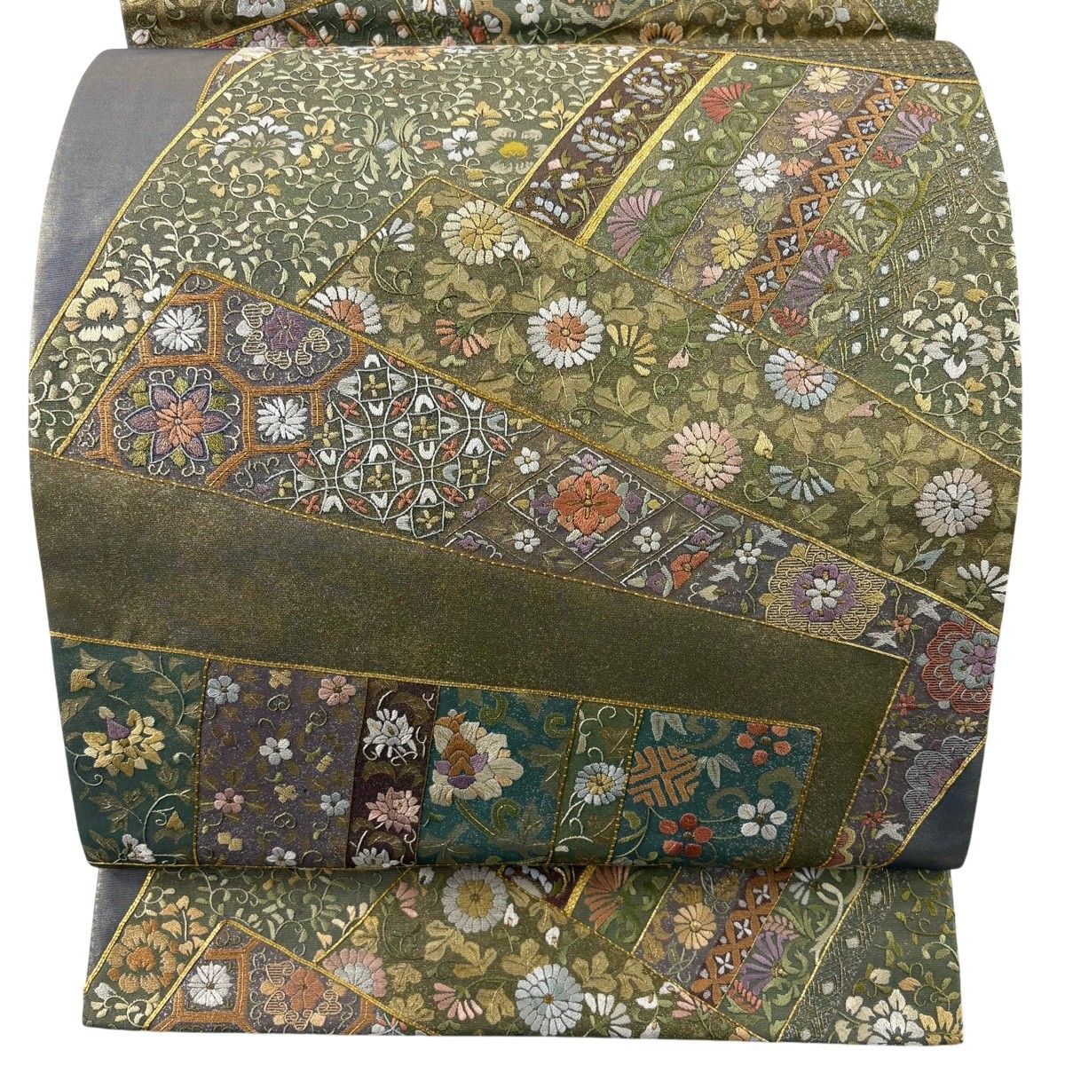 【美品】 袋帯 逸品 鈴乃屋 花鳥 花唐草 刺繍 金糸 灰緑 六通 正絹 【中古】