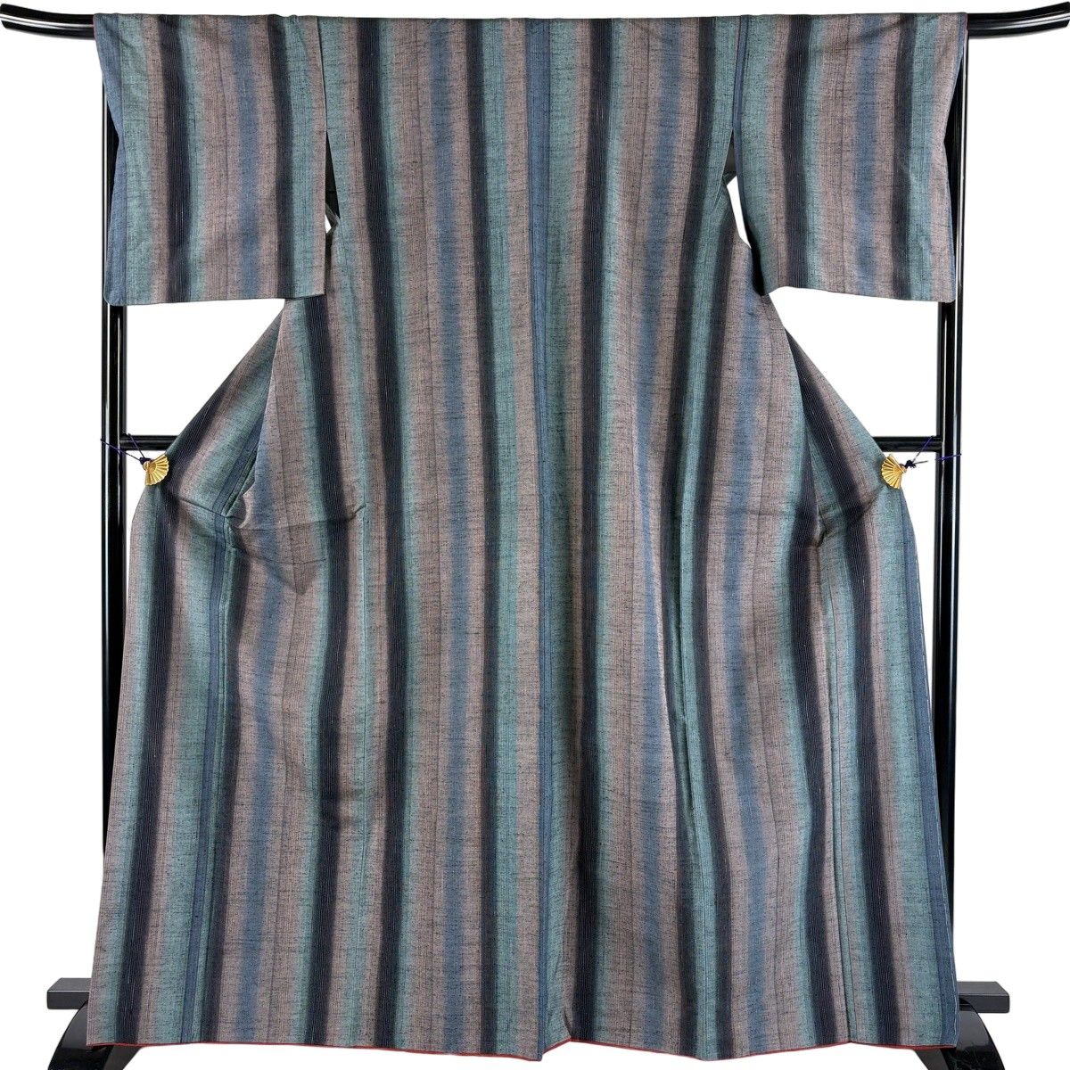 【美品】 紬 身丈165cm 裄丈67.5cm L 袷 証紙 縦縞 青緑 正絹 秀品 【中古】