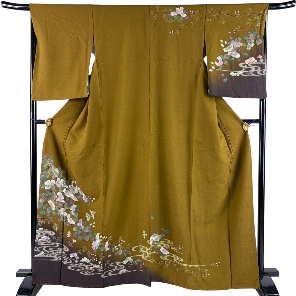 訪問着 身丈164.5cm 裄丈66.5cm M 袷 草花 流水 金彩 ぼかし 山吹茶色 正絹 秀品 【中古】
