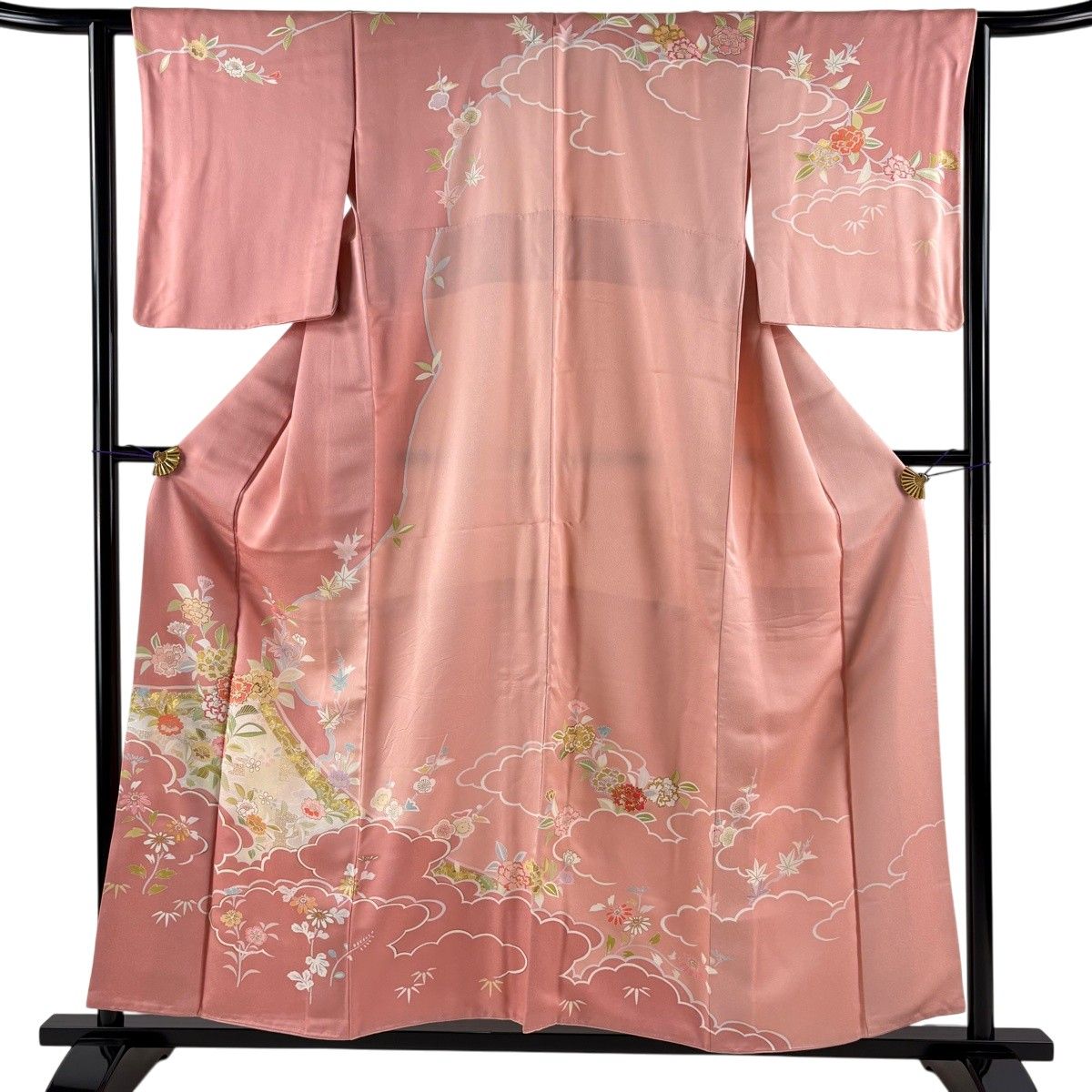 訪問着 身丈157.5cm 裄丈62cm S 袷 草花 雲文 金糸 金彩 ピンク 正絹 秀品 【中古】