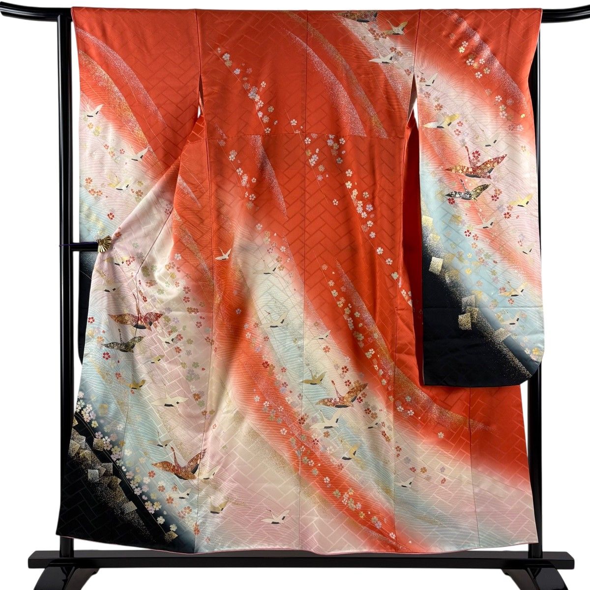 振袖 身丈153.5cm 裄丈64cm M 袷 鶴 桜 金銀彩 染分け 朱色 正絹 秀品 【中古】