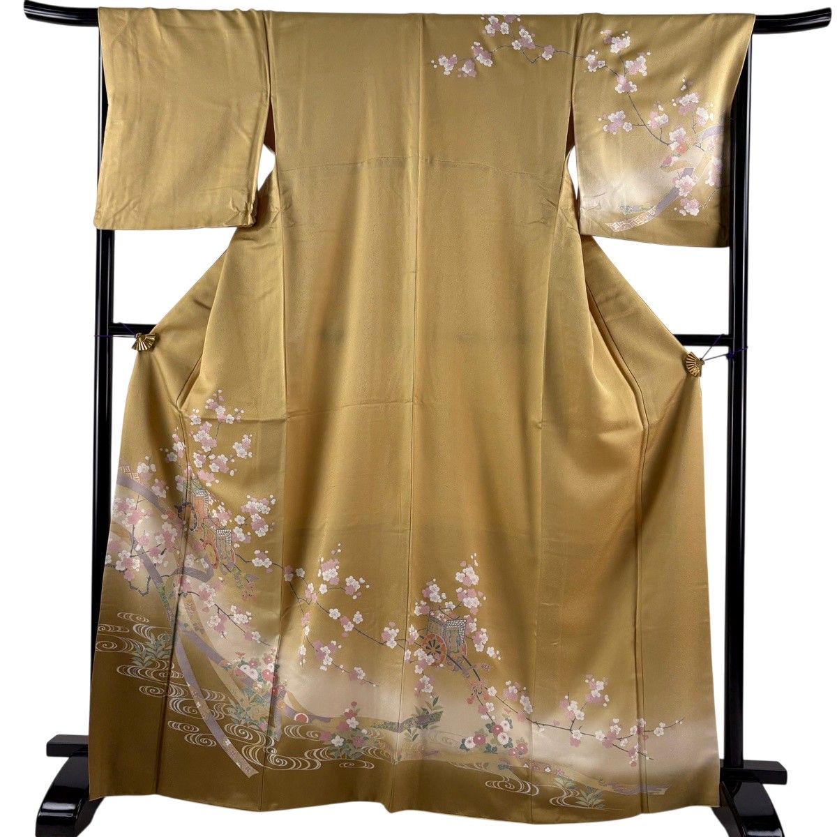 訪問着 身丈168.5cm 裄丈68cm L 袷 御所車 枝梅 金銀彩 ぼかし 薄茶色 正絹 秀品 【中古】