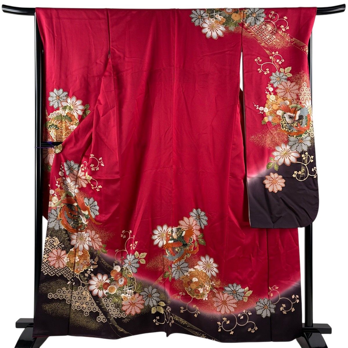 振袖 身丈162cm 裄丈67cm M 袷 鳳凰 菊 金彩 染分け 赤 正絹 秀品