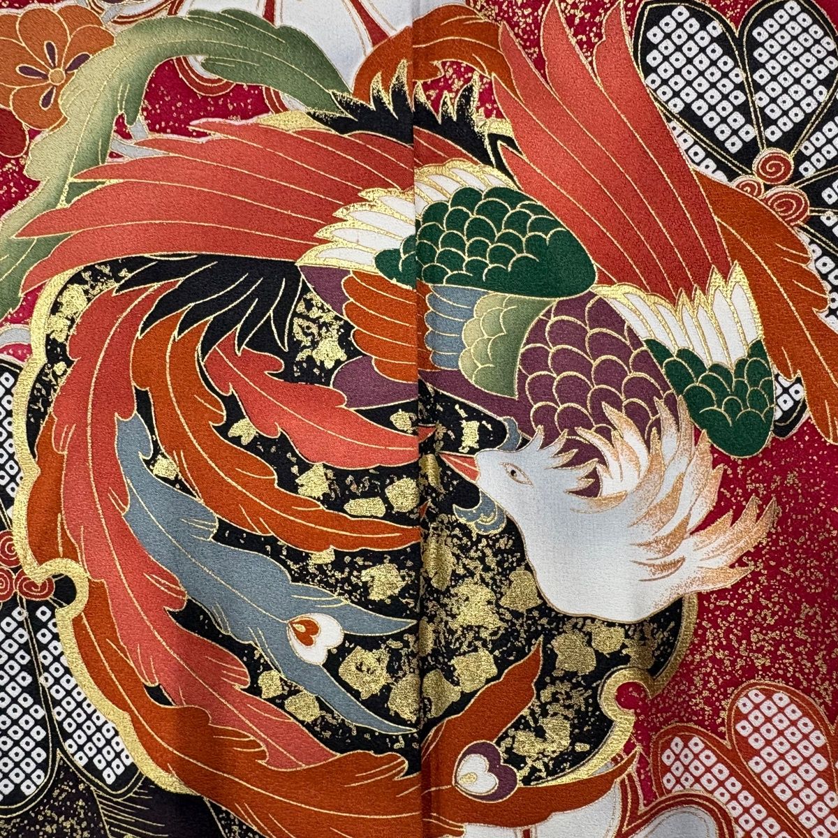 振袖 身丈162cm 裄丈67cm M 袷 鳳凰 菊 金彩 染分け 赤 正絹 秀品