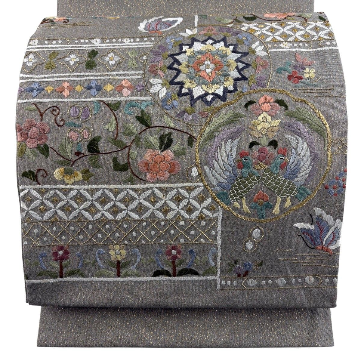 袋帯 名品 華文 鳥 金糸 刺繍 灰茶 お太鼓柄 正絹 【中古】 10,212円