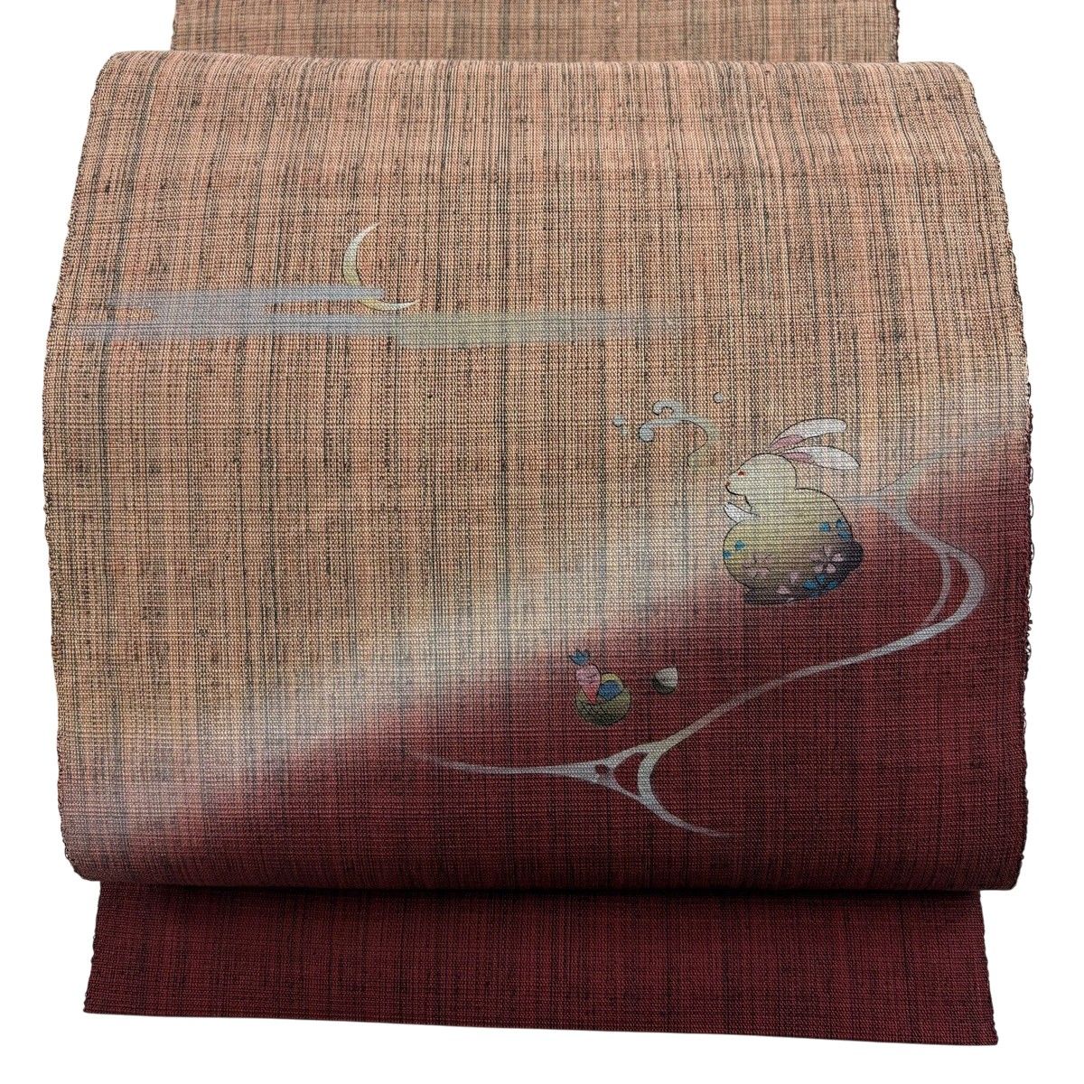 【美品】 名古屋帯 名品 八寸名古屋帯 松葉仕立て 鈴乃屋 うさぎ 三日月 えんじ色 正絹 【中古】