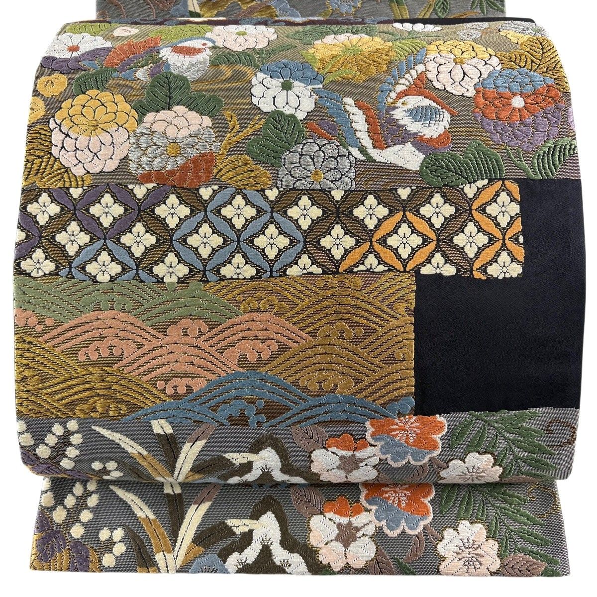 【美品】 袋帯 名品 鴛鴦 菊 金銀糸 唐織 黒 六通 正絹 【中古】